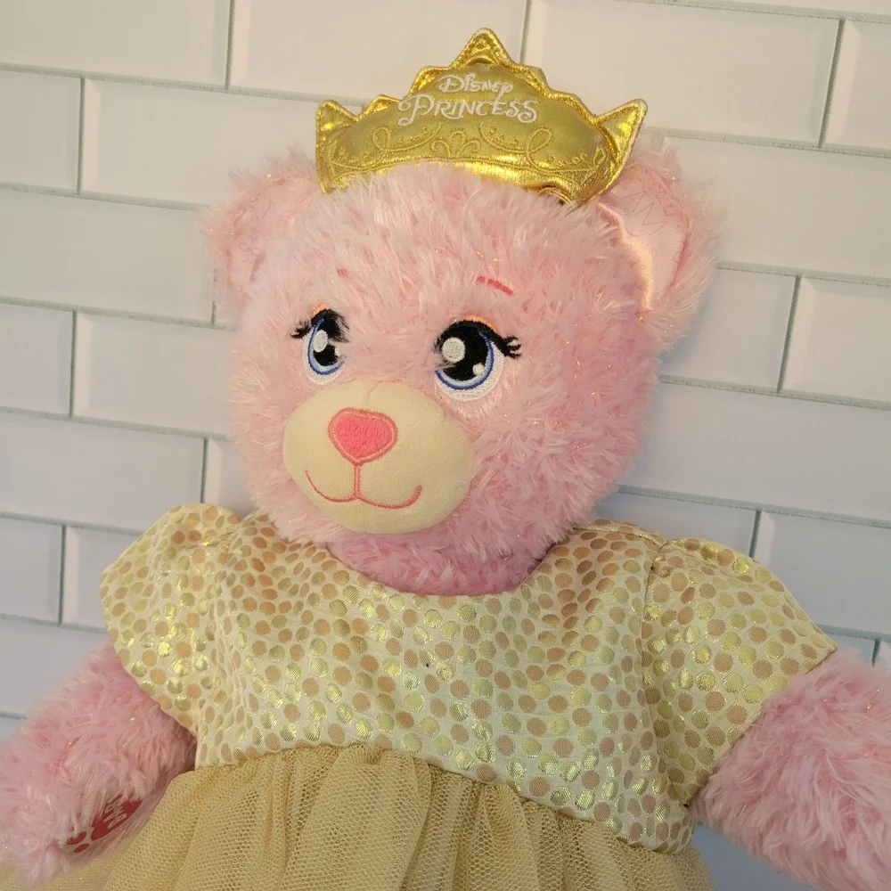 Build A Bear Disney Princess Pink Plush Bear Gold Sequin Tulle Dress Crown Belle